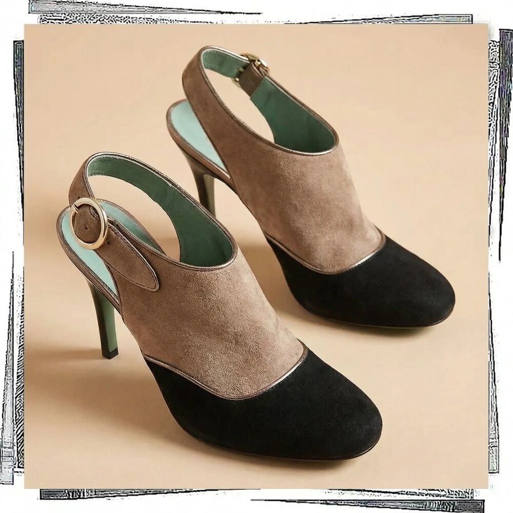 NWOT: Vintage 2010 Black & Tan Suede Heels w/ Gold Piping (39) Paola d' Arcano.